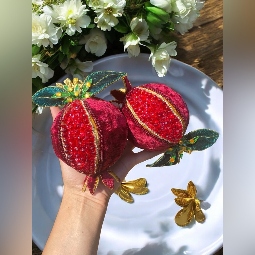 Handmade velvet pomegranate. Home decor. Norooz decor. Yalda night decoration.